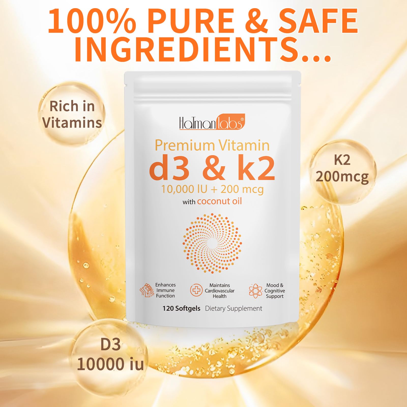 Assorted vitamin supplement product imagery illustrating Vitamin D3 and K2 options