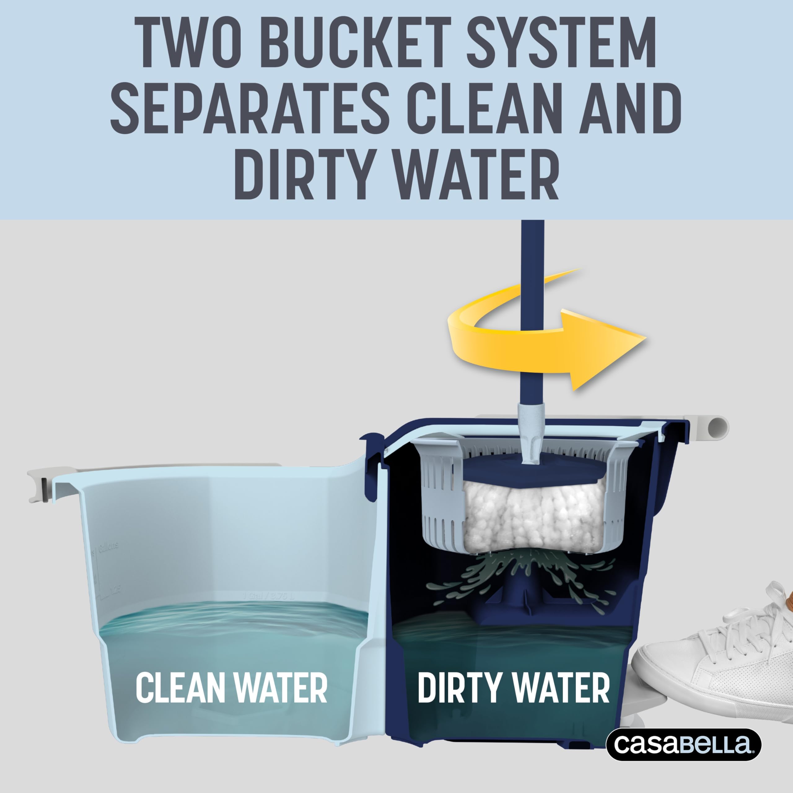 Casabella Clean Water Spin Mop System With Extra Refill | 2-Bucket Design, Pedal Spinner, Scraper Tool