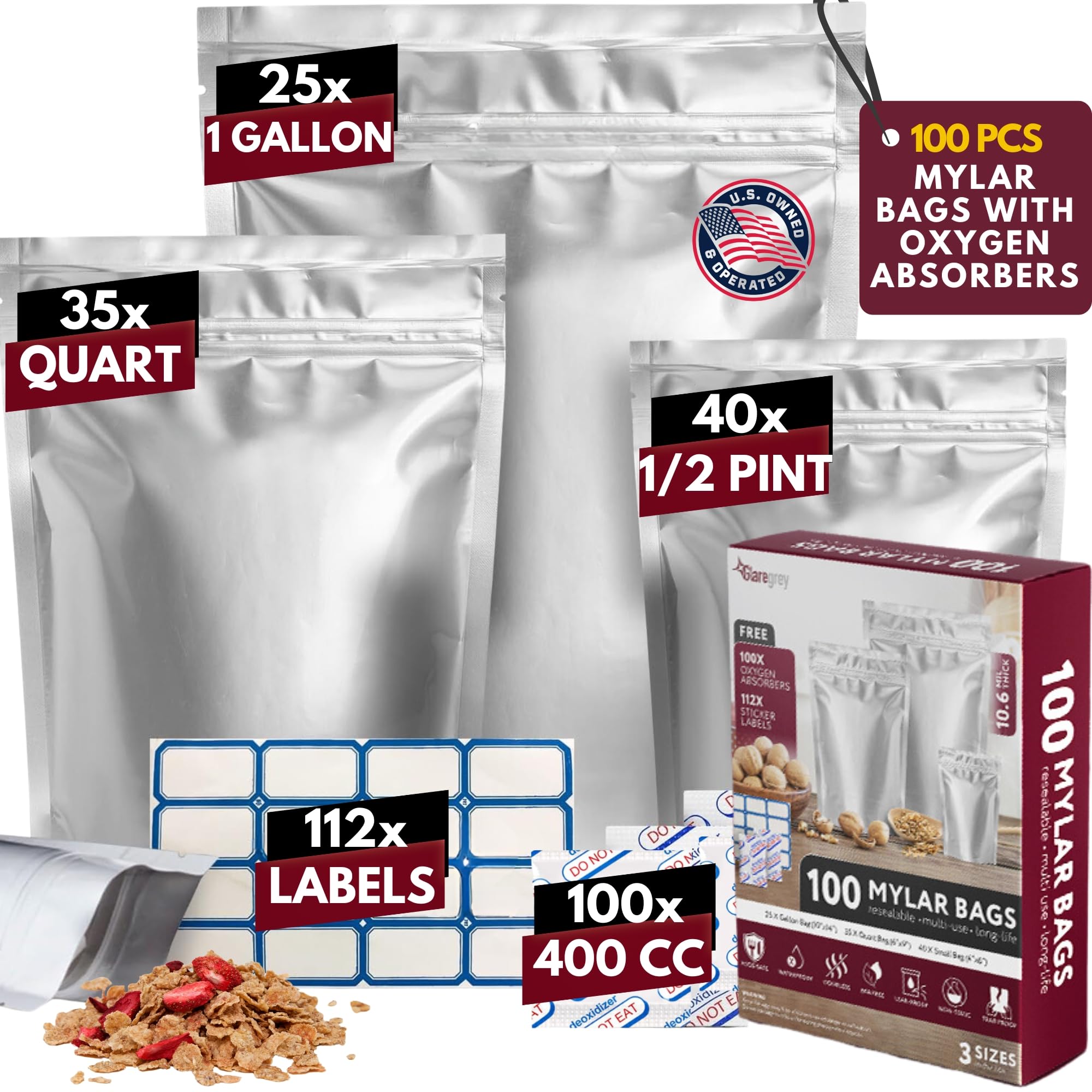 50 Pcs Mylar Bags For Food Storage With Oxygen Absorbers, Airtight Resealable Foil